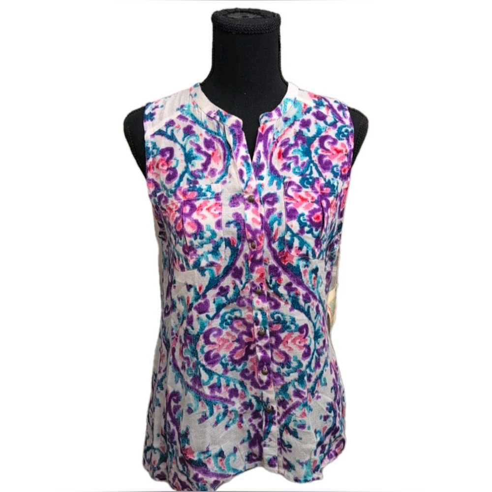 NWT Aratta Silent Journey Colorful Abstract Floral Sleeveless Blouse Women Small